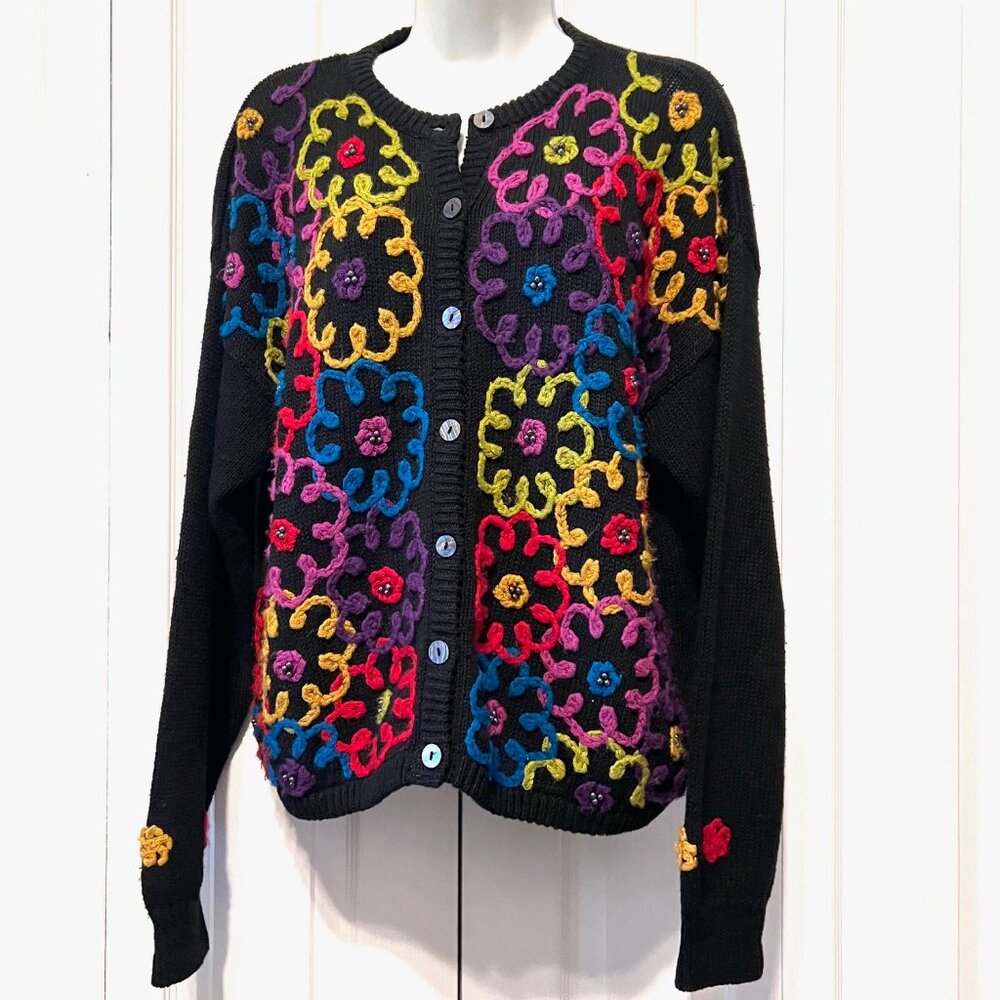 Kitty Hawk By Vivian Wang-Embroidered Yarn/Beaded Multicolor Vintage Cardigan